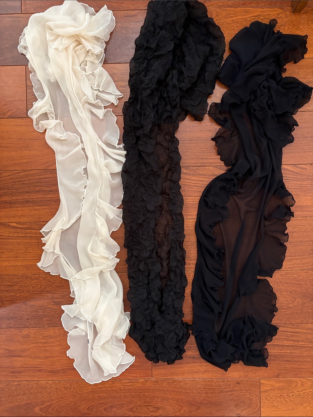 Lot 3 Scarf 2 Black and 1 Cream Ruffle-Trim Women’s Scarves